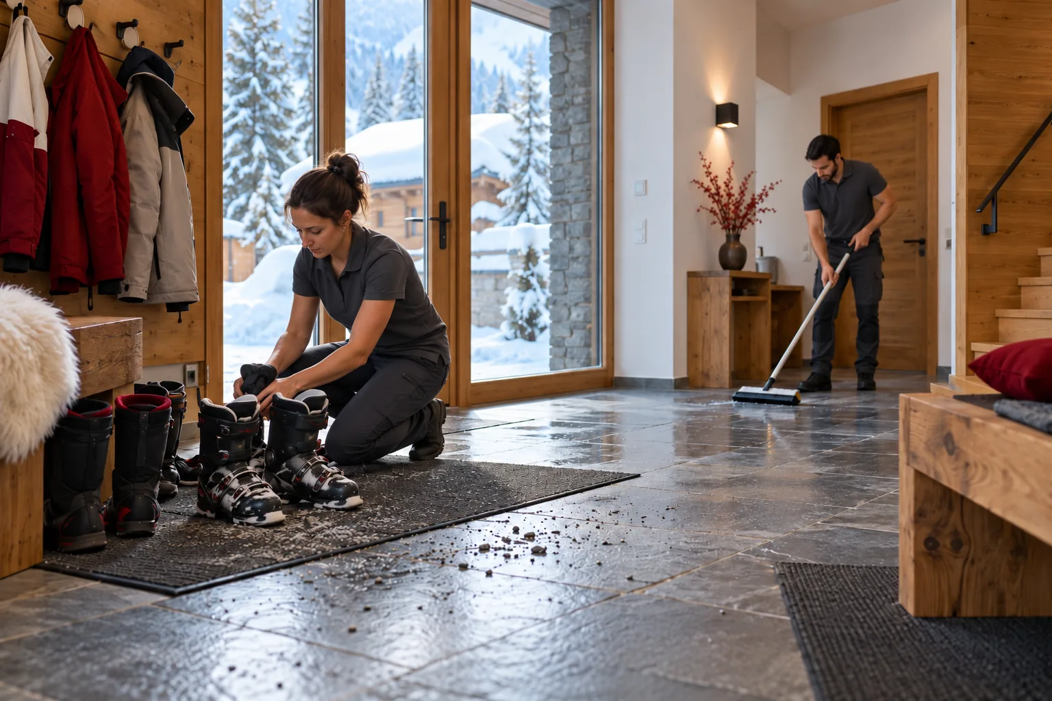 Sel, gravillons et neige : garder une entrée propre en station